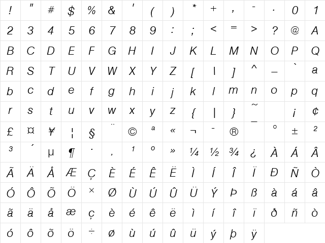 Nimbus Sans Becker TLig Italic Character Map
