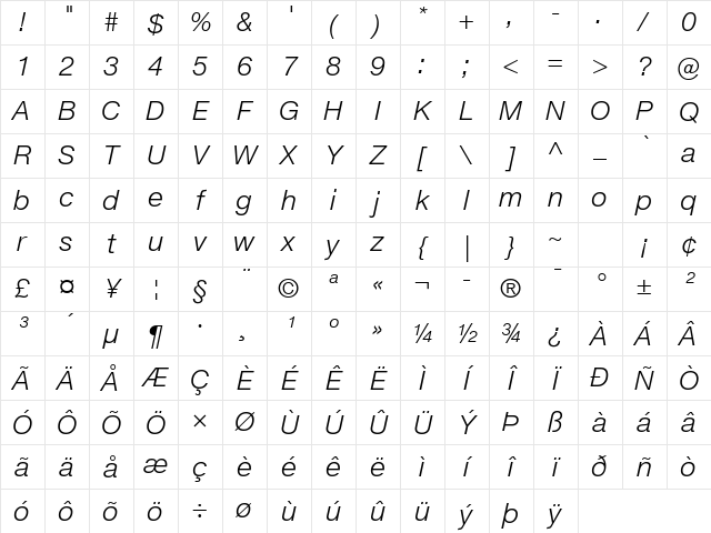 Helvetica Neue ET Pro 46 Light Italic Character Map