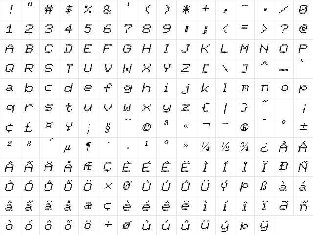 Ninepin Italic Character Map