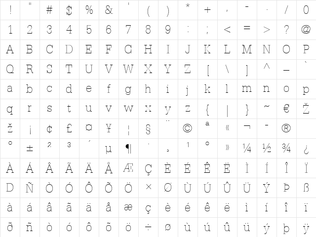 Glypha LT Thin Regular Character Map