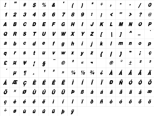 HelveticaCndObl-Heavy Regular Character Map