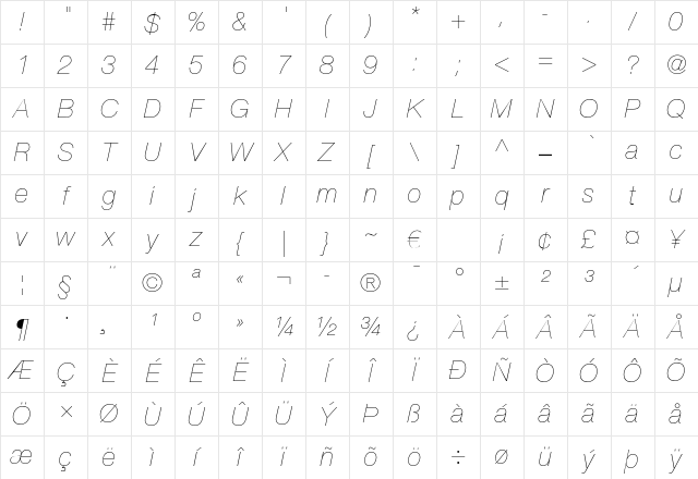 Helvetica Neue LT Pro 26 Ultra Light Italic Character Map