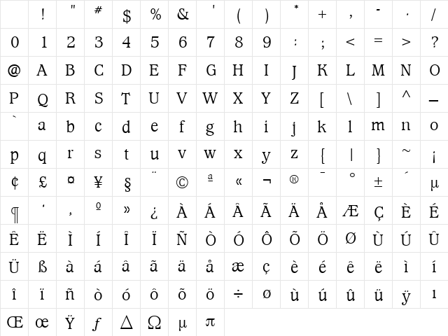 WaverlyLight Roman Character Map WaverlyLight Roman Character Map