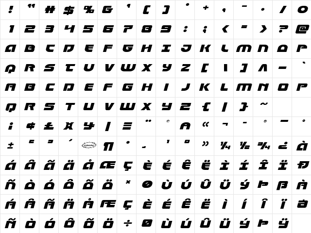 Laser Corps Expanded Italic Regular Character Map