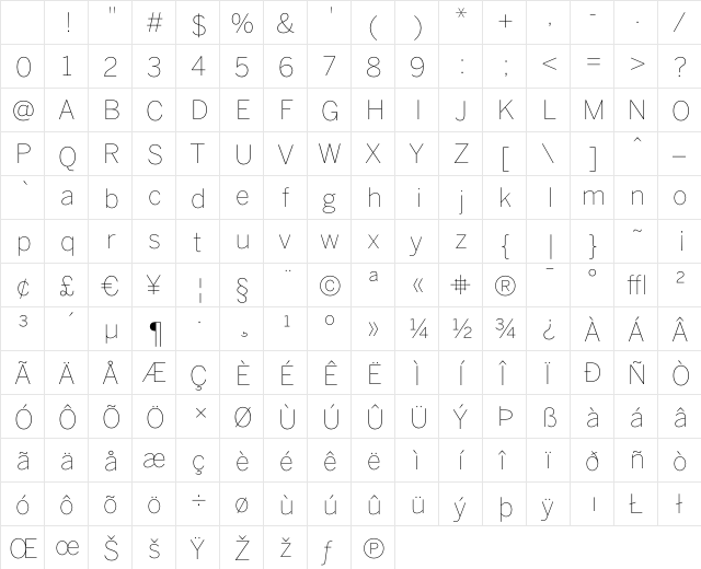 BentonSans Thin Character Map