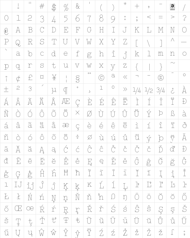 Typo Writer Thin Demo Regular Character Map