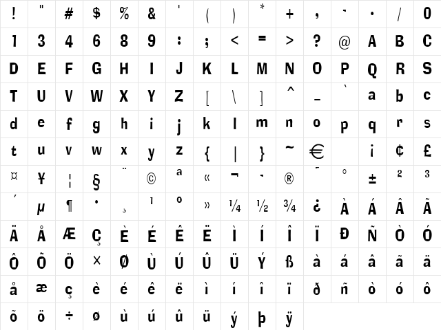 AlorNarrowCondensed Normal Character Map AlorNarrowCondensed Normal Character Map