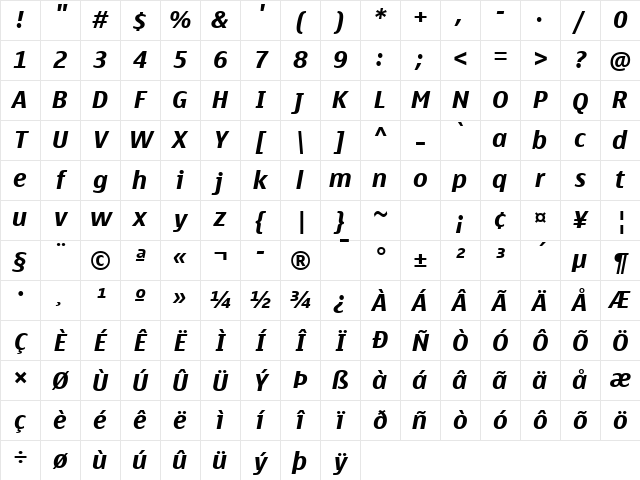 Nokia Sans Wide Bold Italic Character Map