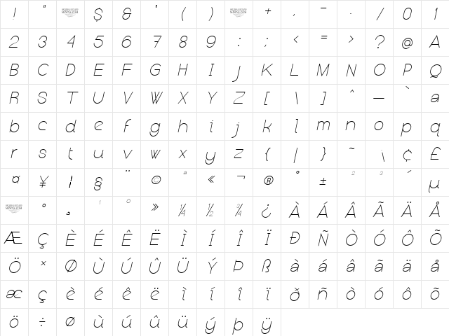 Kerater UltraLight Italic Character Map