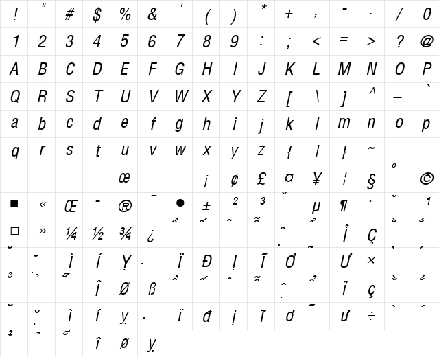 VNI Helve Condense Italic Character Map VNI Helve Condense Italic Character Map