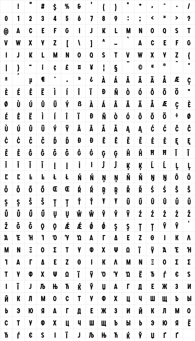 SONGER Condensed Bold Character Map SONGER Condensed Bold Character Map
