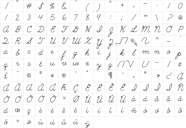 AbcCursive Regular Character Map