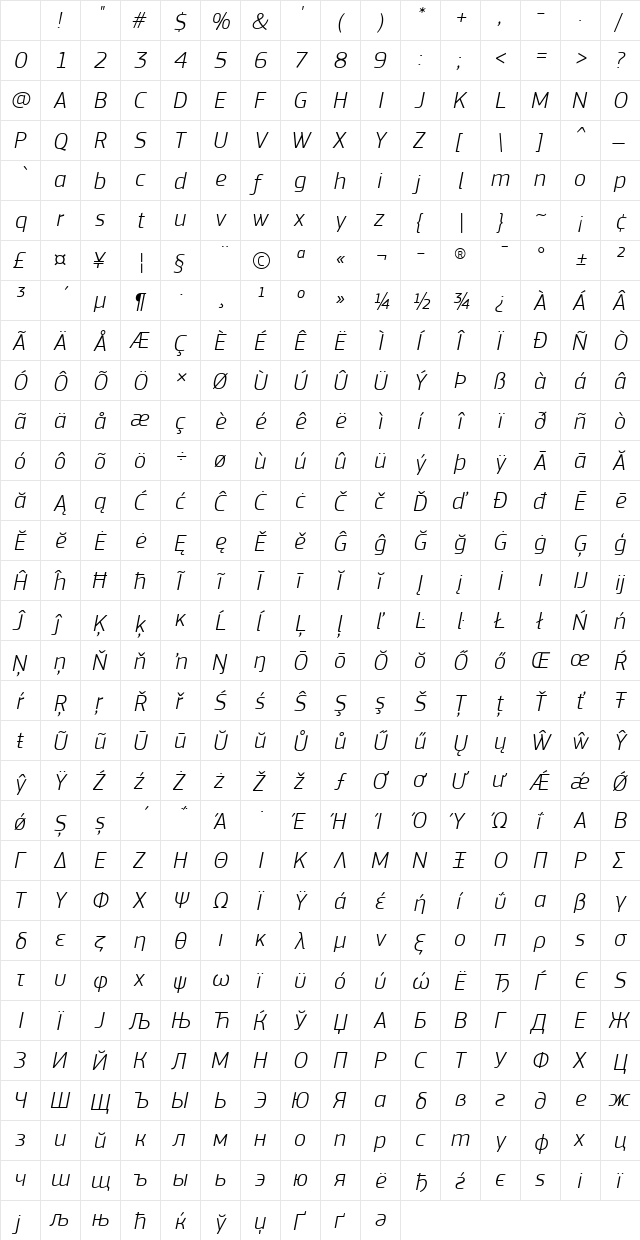 PF Square Sans Pro Light Italic Character Map PF Square Sans Pro Light Italic Character Map