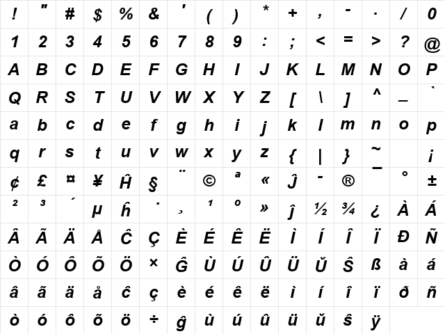 Arial Eo Bold Italic Character Map