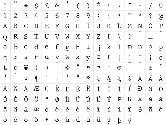 JMH Typewriter dry Thin Regular Character Map