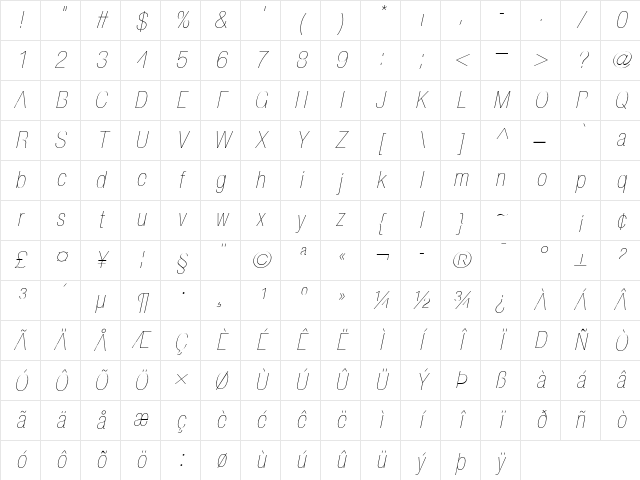 Helvetica Neue LT Pro 27 Ultra Light Condensed Oblique Character Map