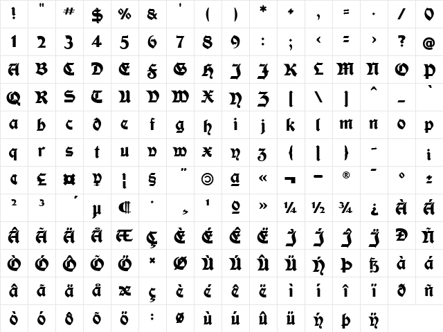 Moderne Fette Schwabacher UNZ1A Regular Character Map