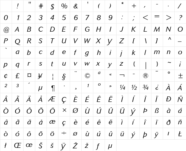 Cosmos Light Italic Character Map