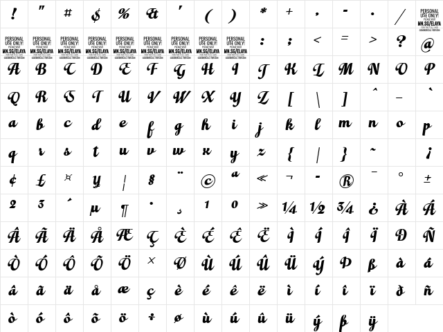 Elaya Script PERSONAL USE ONLY Regular Character Map