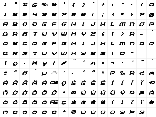 Pulsar Class Semi-Condensed Italic Condensed Italic Character Map