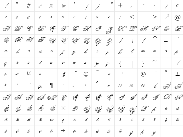 Ouverture script Regular Character Map Ouverture script Regular Character Map