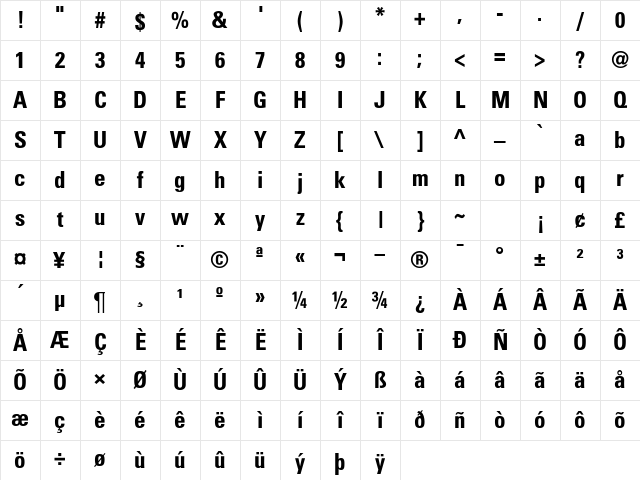 UnfugCondensed Bold Character Map UnfugCondensed Bold Character Map