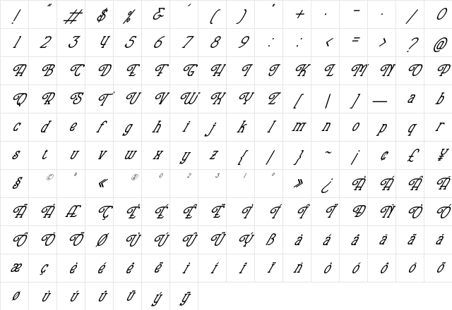 Hopkinson Italic Regular Character Map