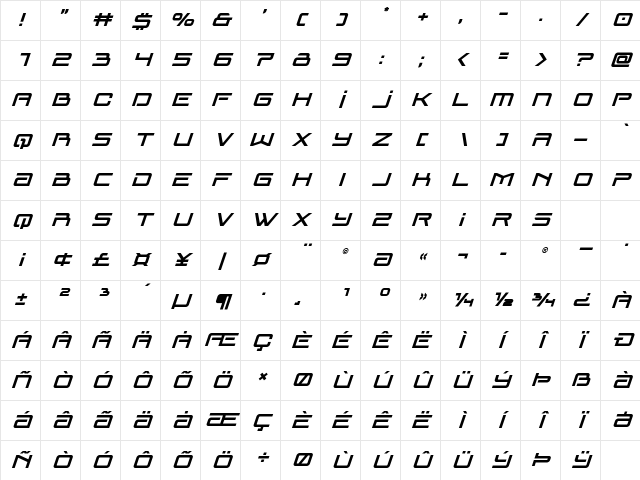Blade Singer Super-Italic Regular Character Map