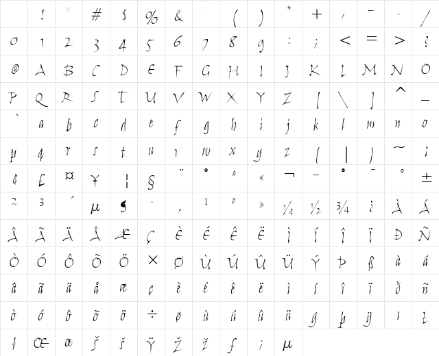 Humana Script ITC Light Character Map Humana Script ITC Light Character Map