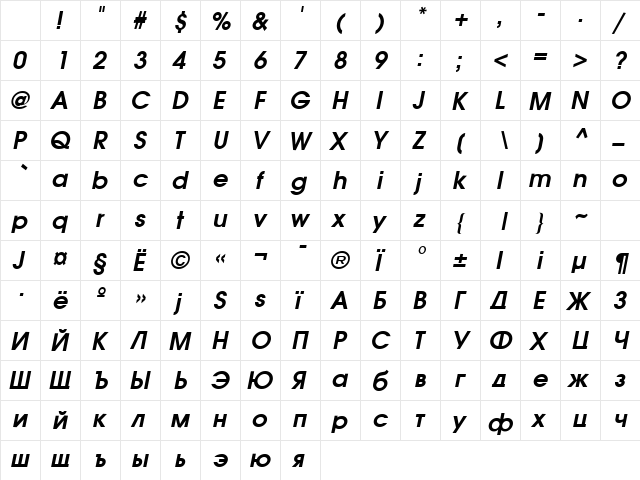 Avalanche Bold-Italic Character Map Avalanche Bold-Italic Character Map