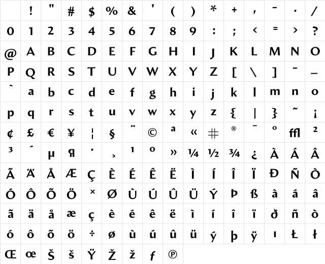 Amira Bold Character Map