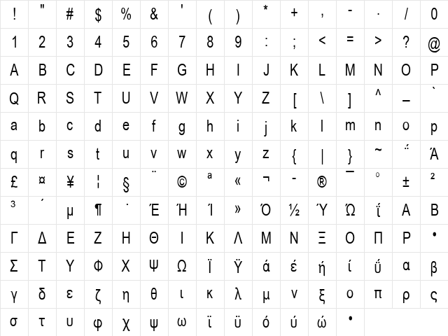 HellasArial Condensed Plain Character Map