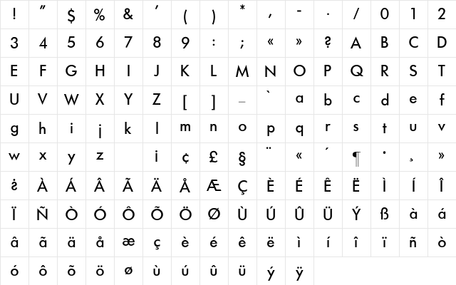 Futura-Medium Regular Character Map