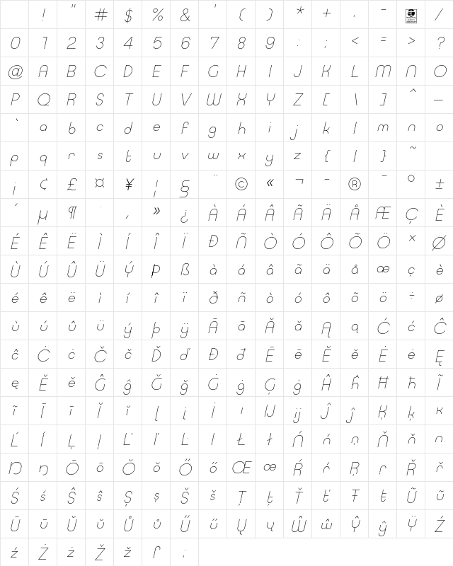 Typo Ring Light Demo Italic Character Map