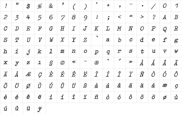 Typewriter Bold Character Map