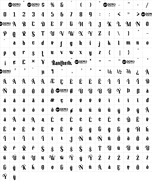 Banthern Personal Use Regular Character Map Banthern Personal Use Regular Character Map
