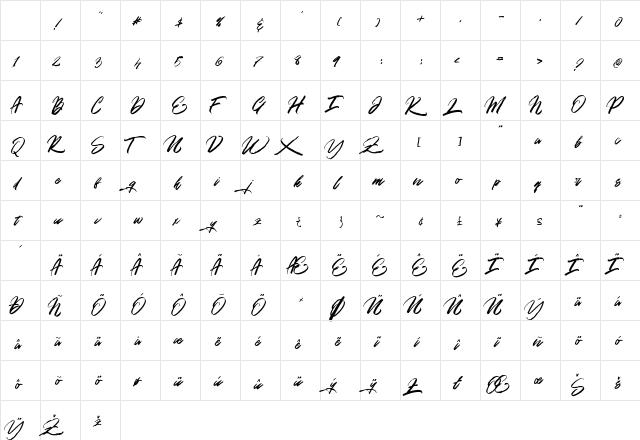 Gold Brush Regular Character Map