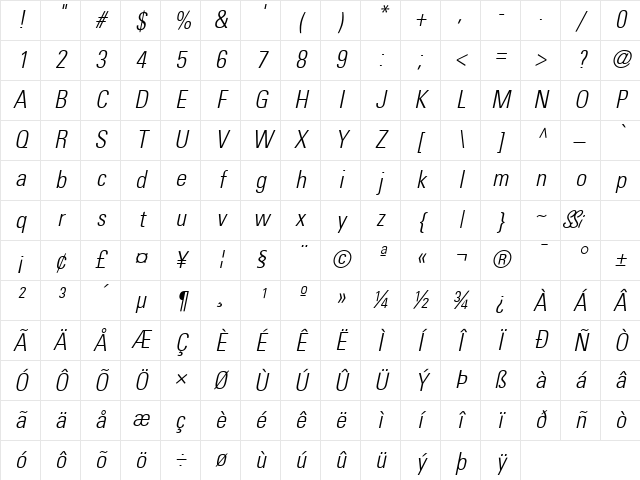 Nova Light Condensed SSi Light Condensed Italic Character Map