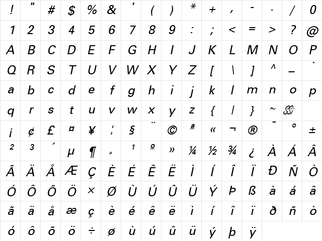 Nova SSi Italic Character Map