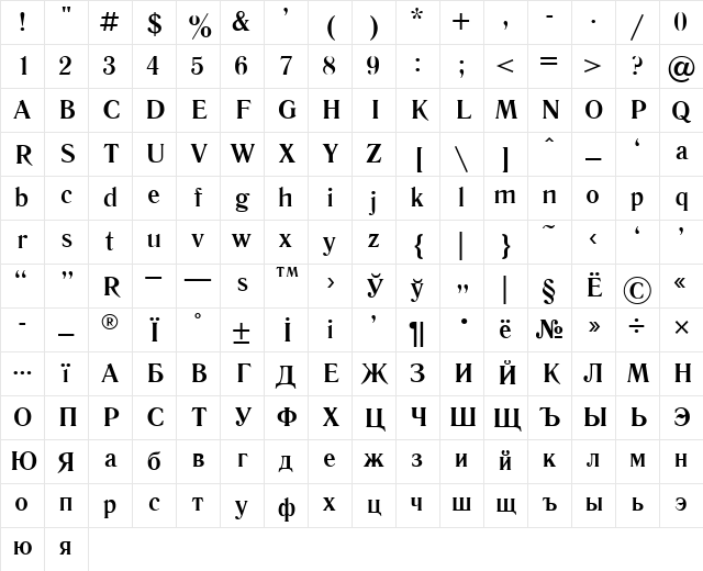 Literaturnaya Bold Character Map