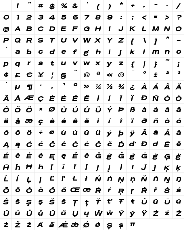 Reservation Wide Black Oblique Character Map