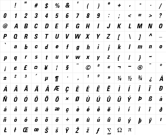 NovaCondSSK Bold Italic Character Map NovaCondSSK Bold Italic Character Map