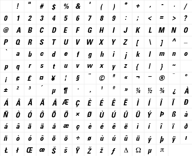 NovaCondSSK BoldItalic Character Map