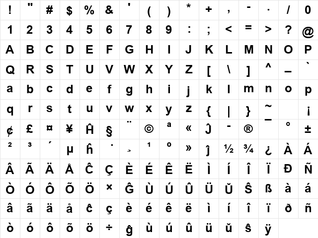 Arial Eo Bold Character Map