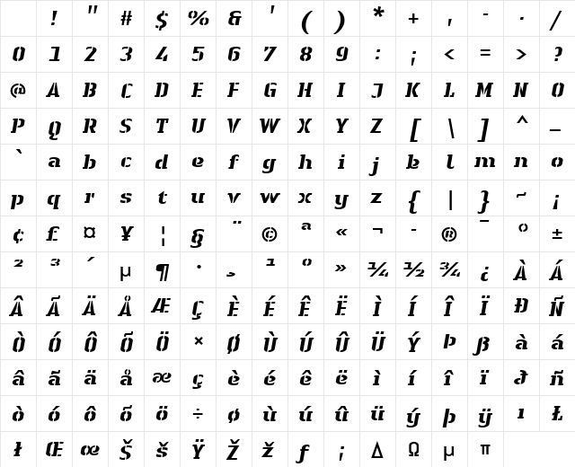 LTAuthenticStencil Heavy Italic Character Map LTAuthenticStencil Heavy Italic Character Map