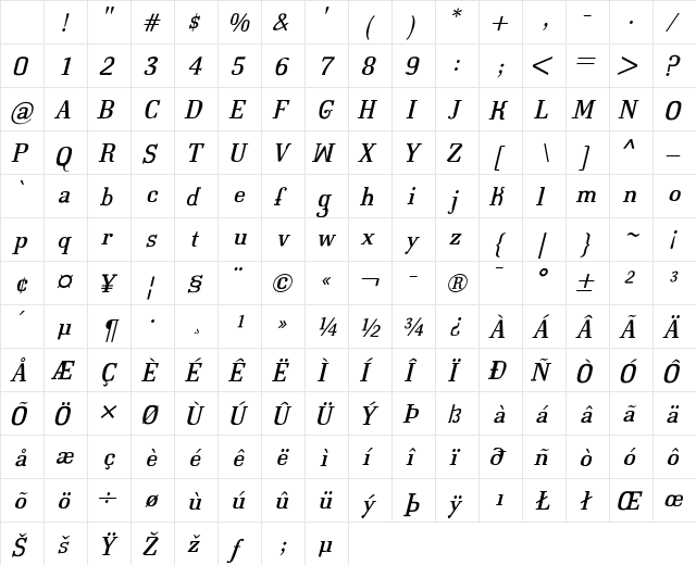 Calvino Regular Character Map