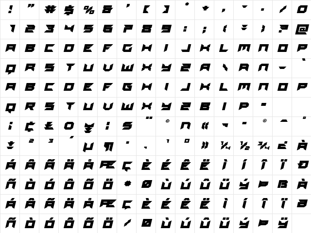 Dagger Dancer Expanded Italic Regular Character Map