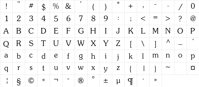 AGPresquireC Regular Character Map