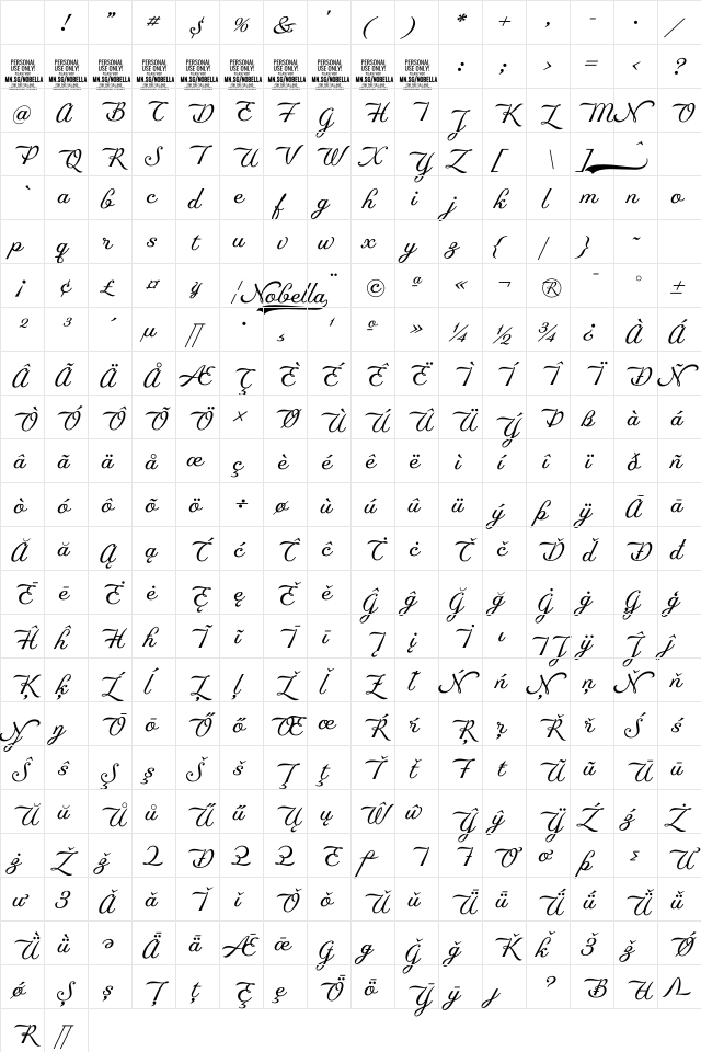 Nobella PERSONAL USE ONLY PERSONAL USE ONLY Regular Character Map Nobella PERSONAL USE ONLY PERSONAL USE ONLY Regular Character Map