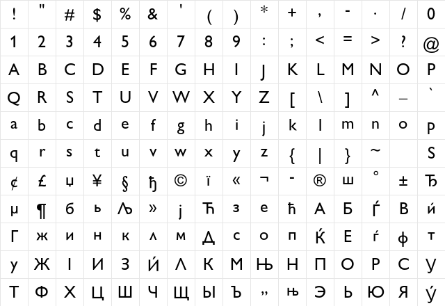 GillSans SA Regular Character Map